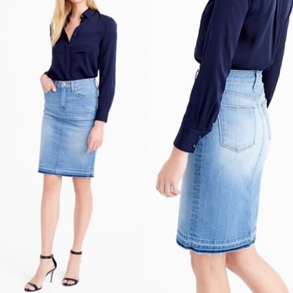 J Crew Frayed Hem Jean Straight Pencil Skirt Denim - Picture 2 of 4